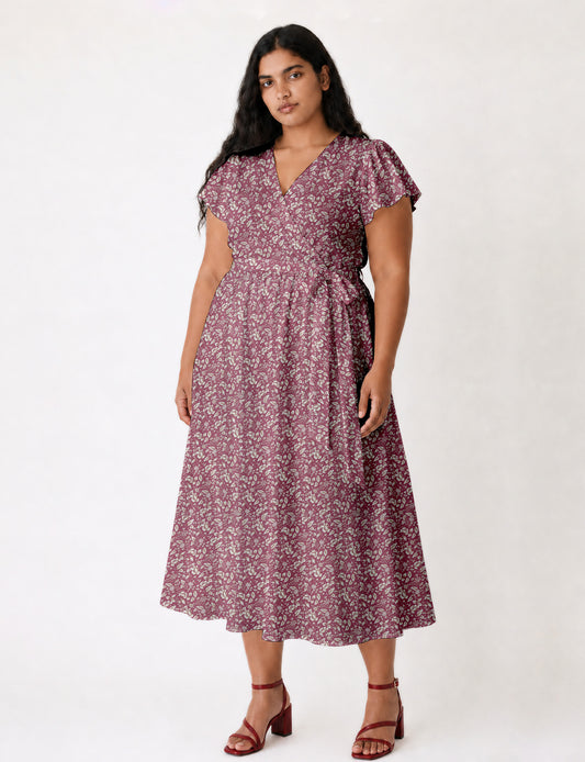 Elegant midi wrap dress with a V-neckline, adjustable waist tie, fitted bodice, and flared skirt for a timeless, flattering silhouette.