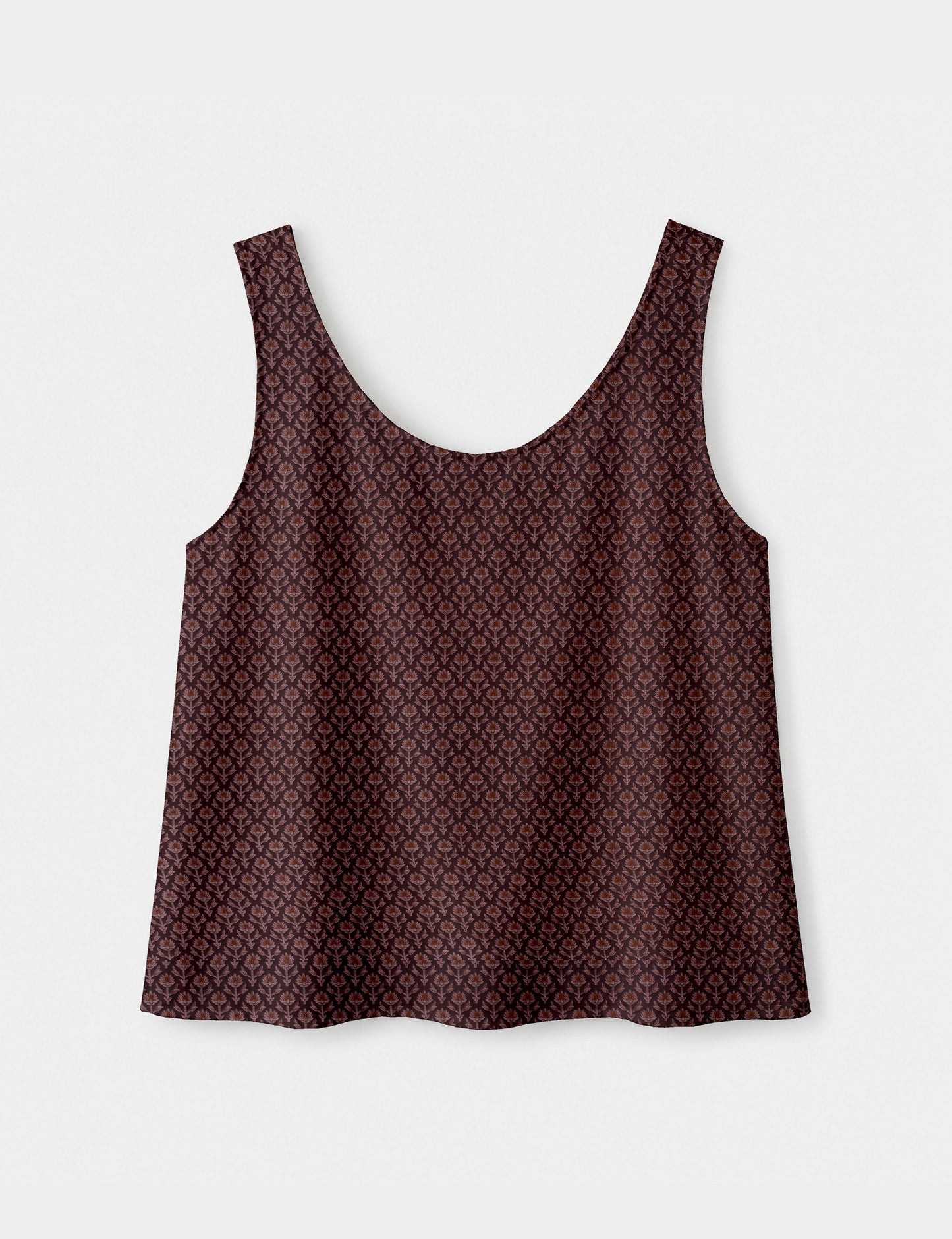 Women's sleeveless blouse with a relaxed straight fit, wide scoop neckline, deep scoop back, and hip-length silhouette.