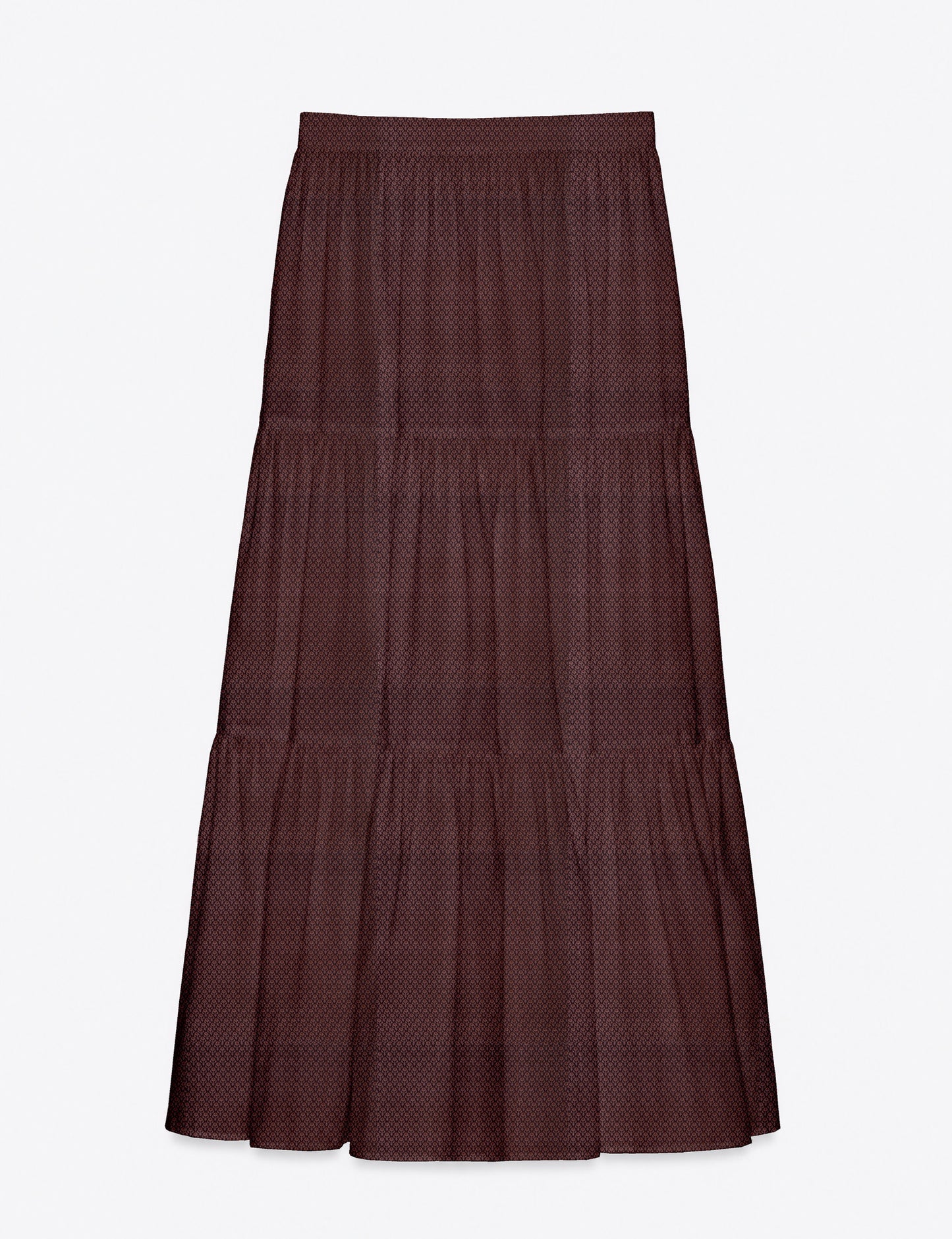 Yellow midi tiered skirt with small dark geometric micro pattern, flat lay front view
