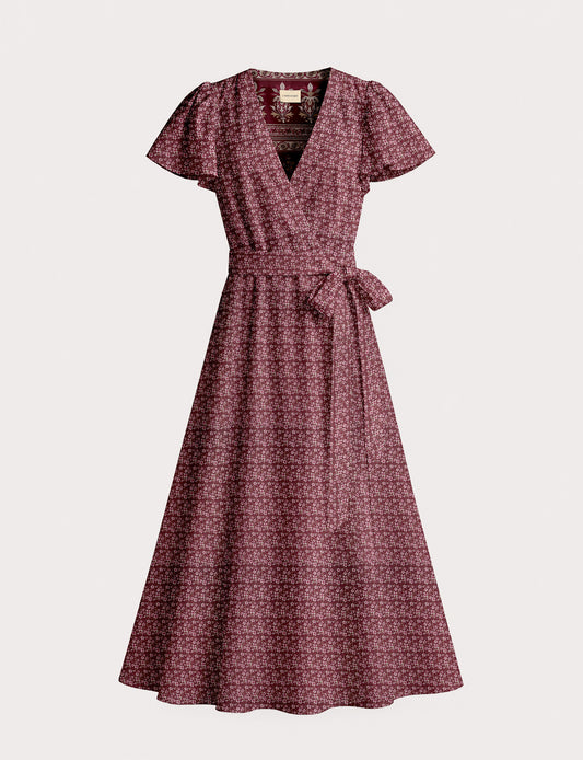 Elegant midi wrap dress with a V-neckline, adjustable waist tie, fitted bodice, and flared skirt for a timeless, flattering silhouette.
