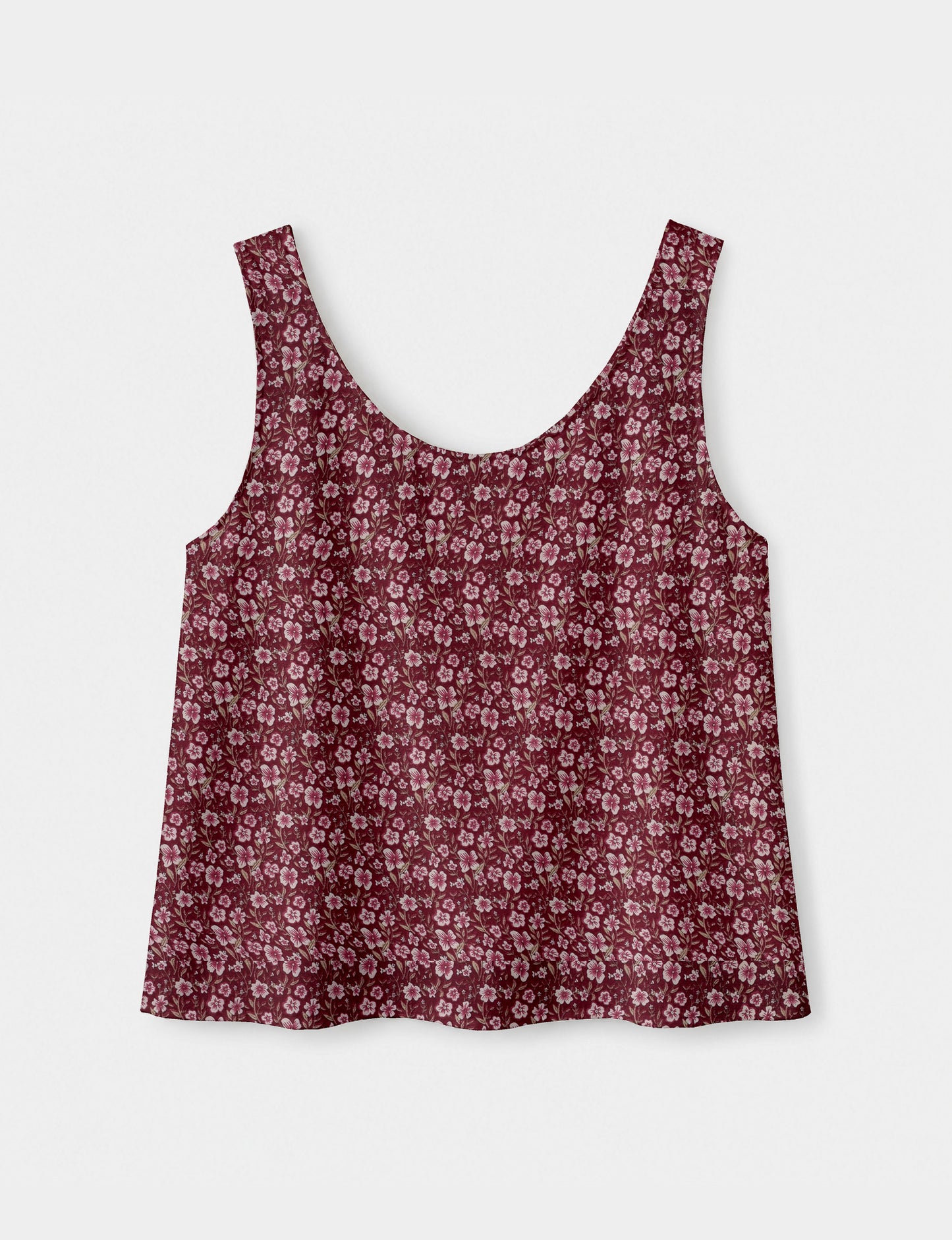 Women's sleeveless blouse with a relaxed straight fit, wide scoop neckline, deep scoop back, and hip-length silhouette.