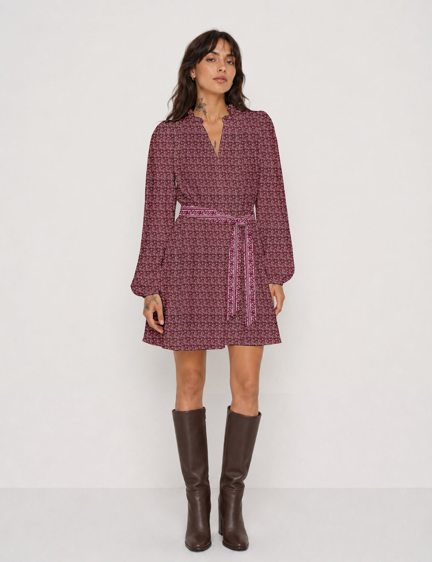 Swing dress with belt - Pink Floral