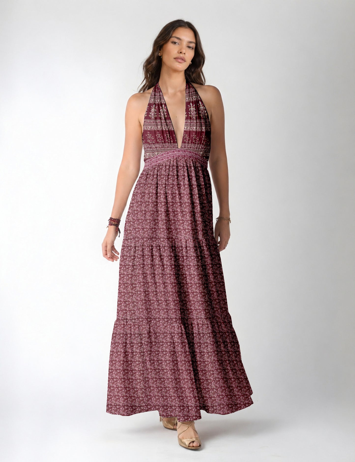 Maxi tiered dress by I was a Sari with halter neckline and flowy silhouette