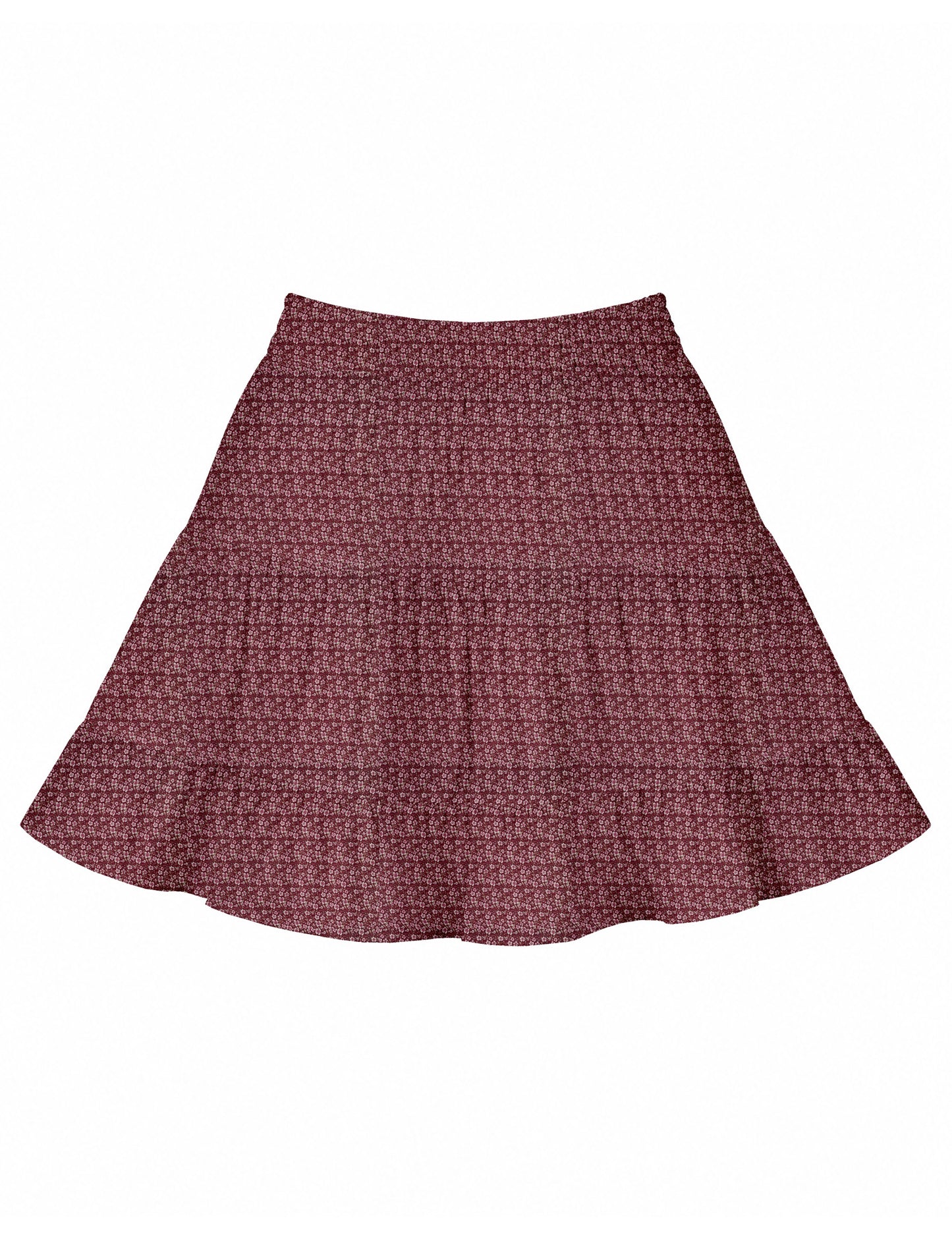 Short tiered skirt with a fitted waistband, knife pleats, softly flared silhouette, side seam pockets, and above-the-knee length.
