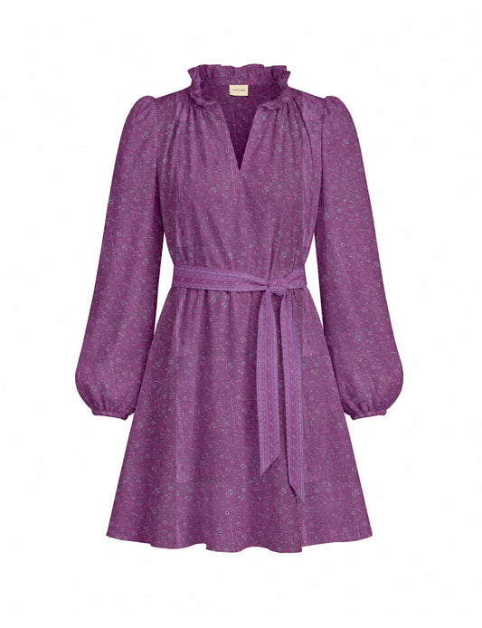 Swing dress with detachable tie belt, gathered ruffle neckline, full-length voluminous sleeves, elastic cuffs, and relaxed A-line silhouette in an above-knee length.