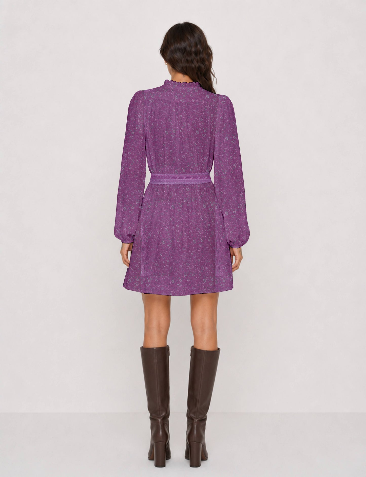 Swing dress with detachable tie belt, gathered ruffle neckline, full-length voluminous sleeves, elastic cuffs, and relaxed A-line silhouette in an above-knee length.