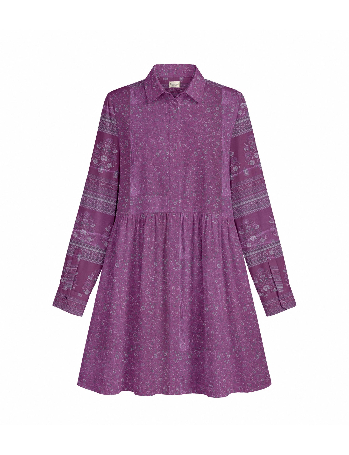 Short shirt dress with a relaxed A-line silhouette, point collar, partial button placket, gathered waist, side pockets, and full-length cuffed sleeves.