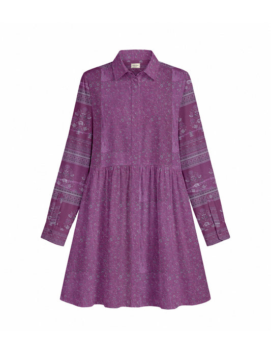 Short shirt dress with a relaxed A-line silhouette, point collar, partial button placket, gathered waist, side pockets, and full-length cuffed sleeves.