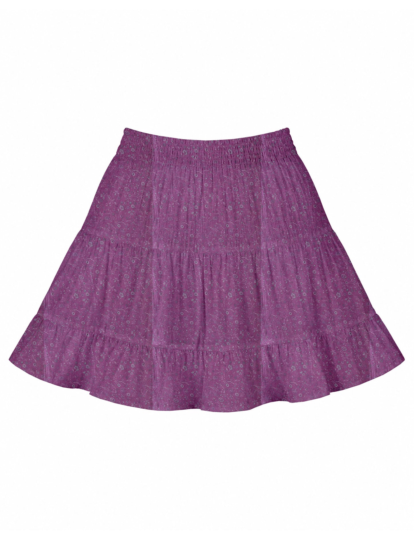 Short tiered skirt with a fitted waistband, knife pleats, softly flared silhouette, side seam pockets, and above-the-knee length.