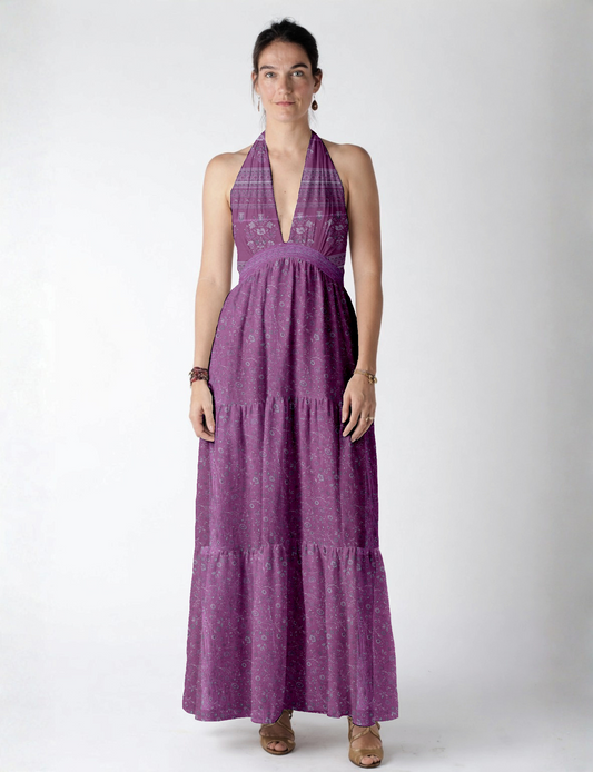 Maxi tiered dress by I was a Sari with halter neckline and flowy silhouette