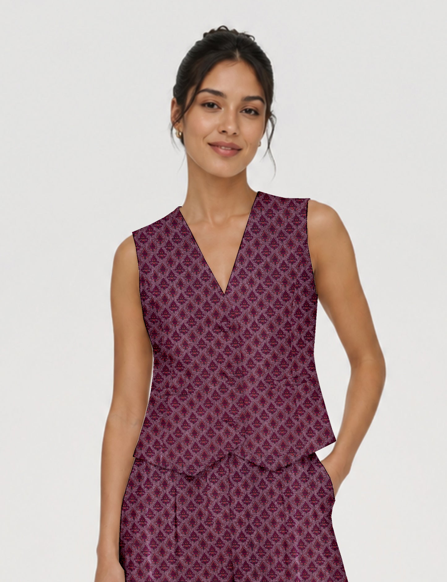 Women's fitted waistcoat with V-neck, single-breasted button closure, tailored silhouette, and pointed hem in sustainable fashion.