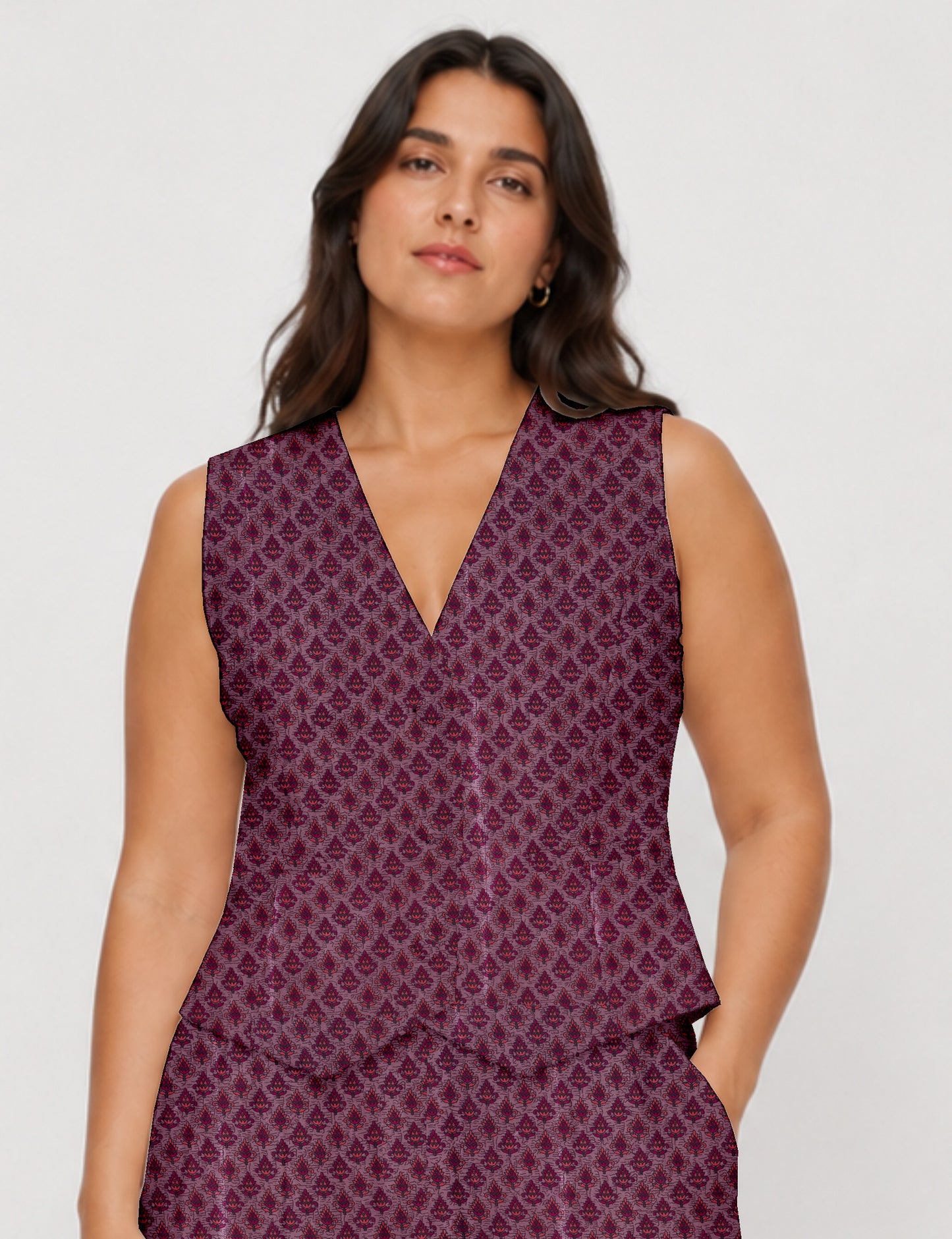 Women's fitted waistcoat with V-neck, single-breasted button closure, tailored silhouette, and pointed hem in sustainable fashion.