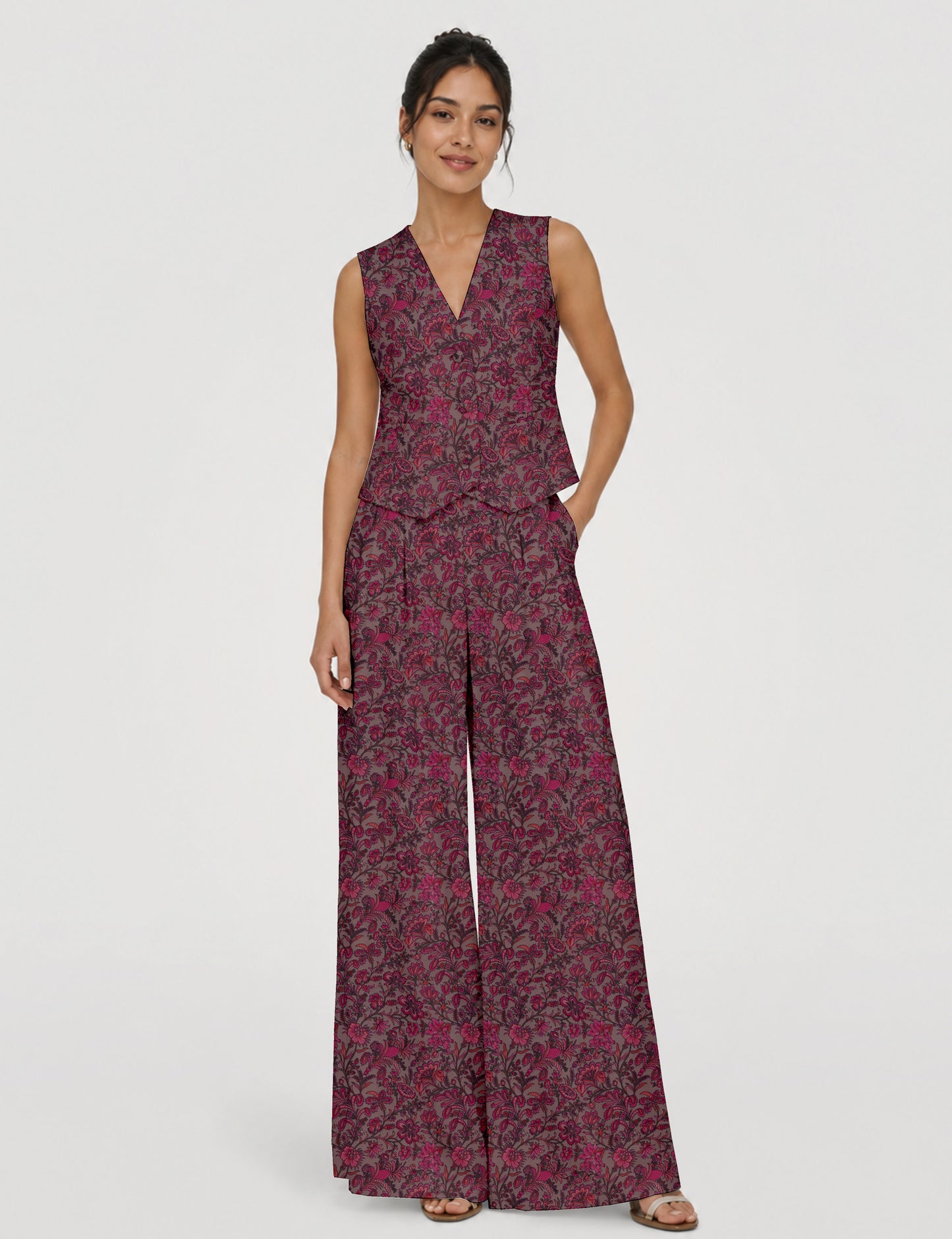 Women's tailored waistcoat set with a sleeveless V-neck button-front waistcoat and high-rise wide leg trousers in a coordinated matching outfit.