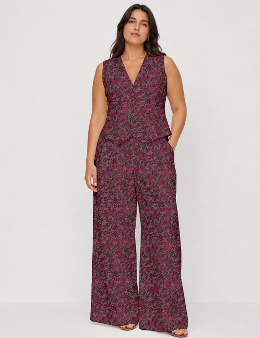 Women's tailored waistcoat set with a sleeveless V-neck button-front waistcoat and high-rise wide leg trousers in a coordinated matching outfit.