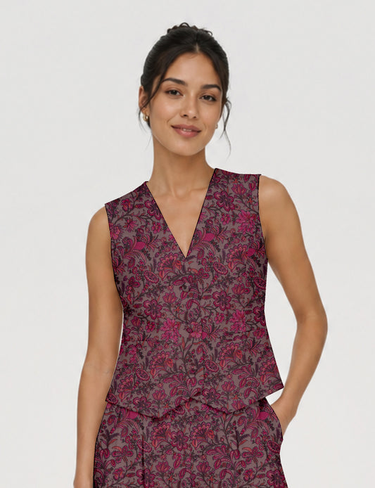Women's fitted waistcoat with V-neck, single-breasted button closure, tailored silhouette, and pointed hem in sustainable fashion.