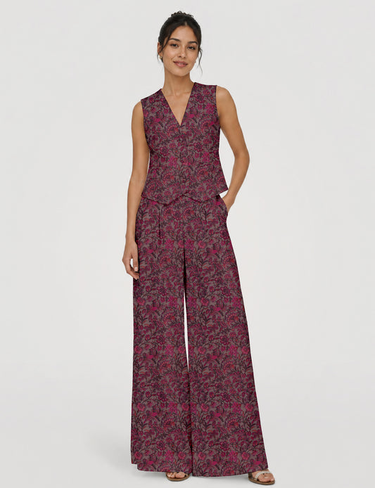 Women's tailored waistcoat set with a sleeveless V-neck button-front waistcoat and high-rise wide leg trousers in a coordinated matching outfit.