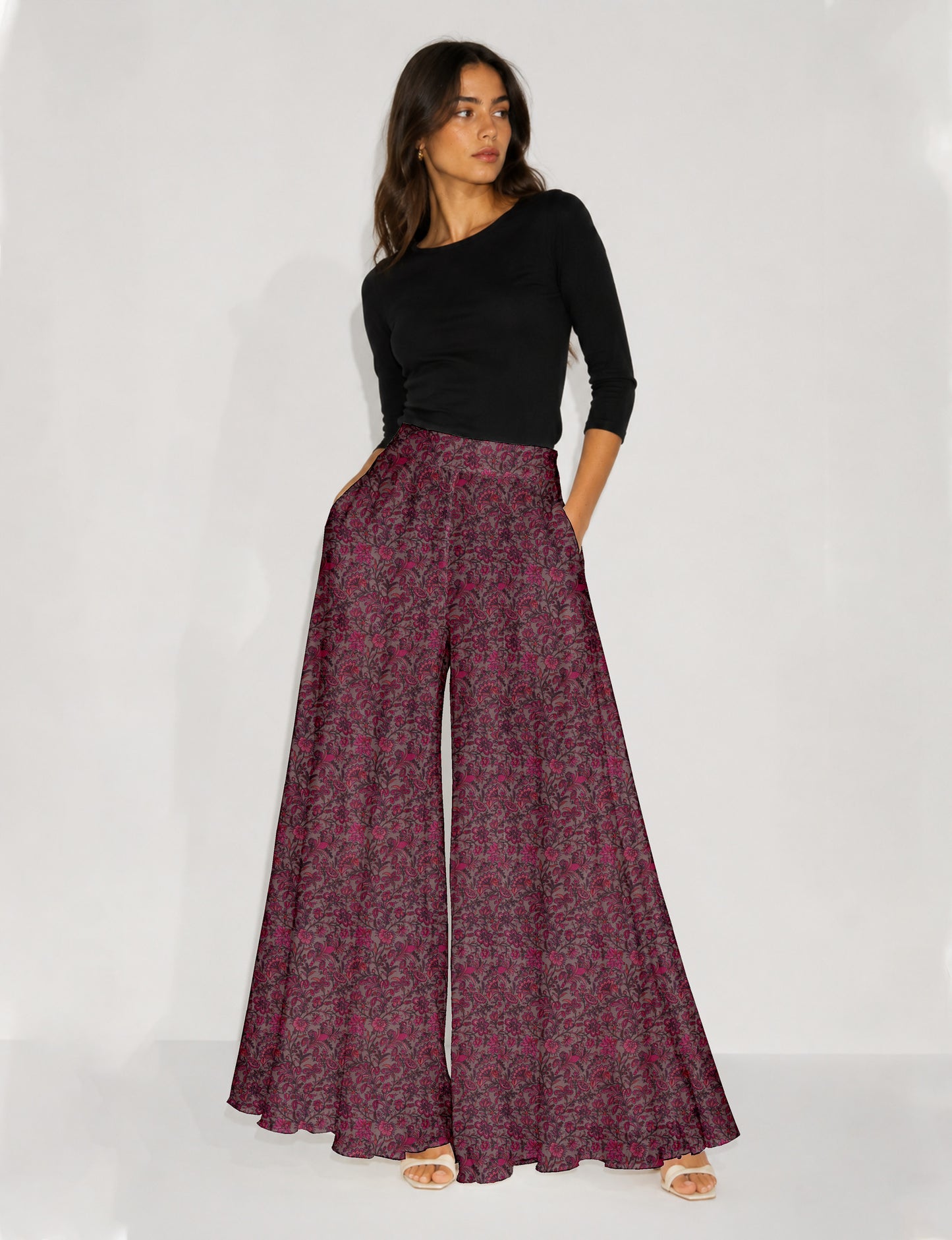 Wide Leg Palazzo Trousers - Pink Floral