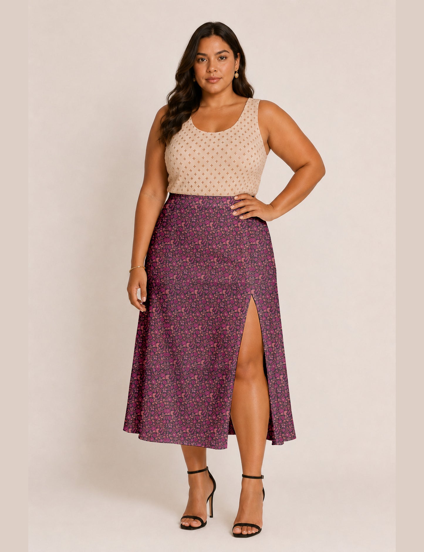 A line skirt with slit - Pink Floral