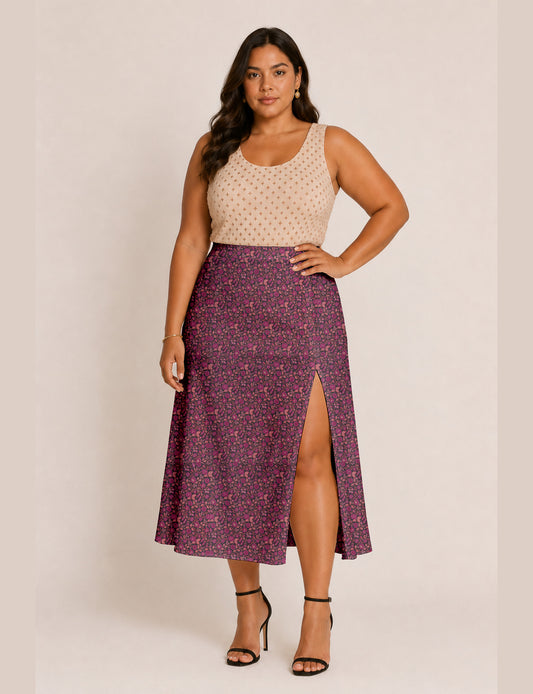 A line skirt with slit - Pink Floral