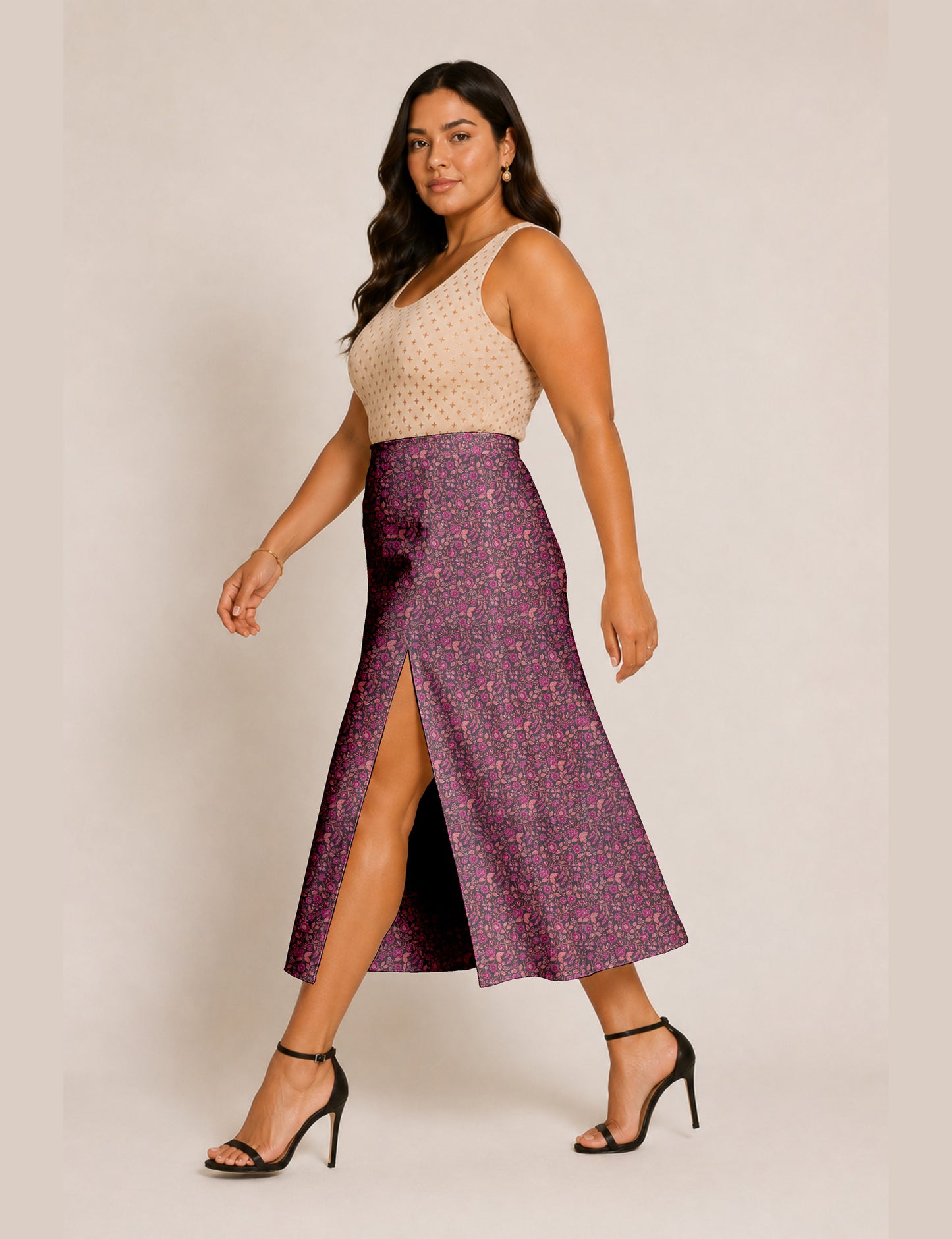 A line skirt with slit - Pink Floral