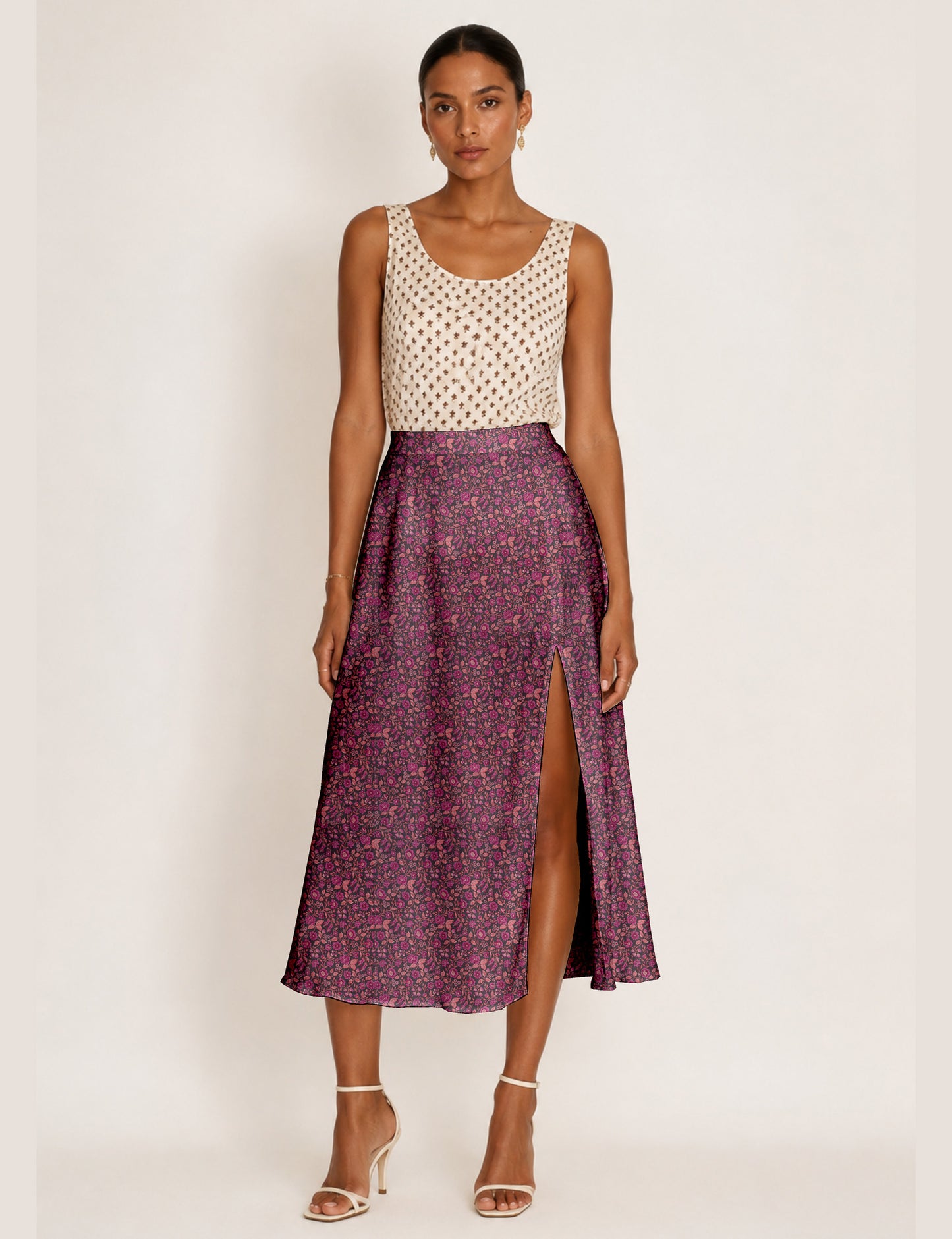 A line skirt with slit - Pink Floral