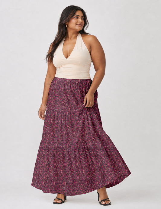 Midi Tiered Skirt - Pink Floral