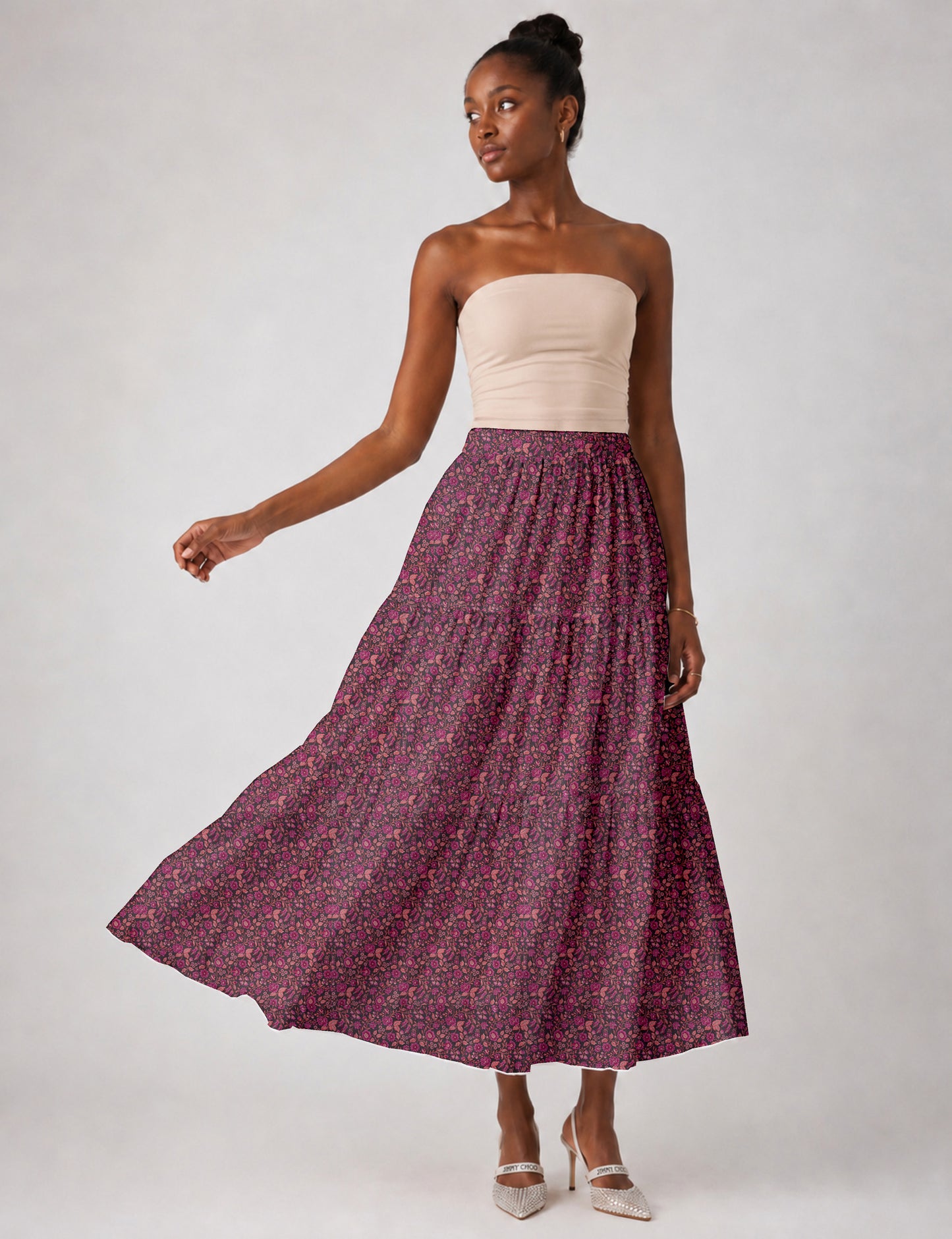 Midi Tiered Skirt - Pink Floral