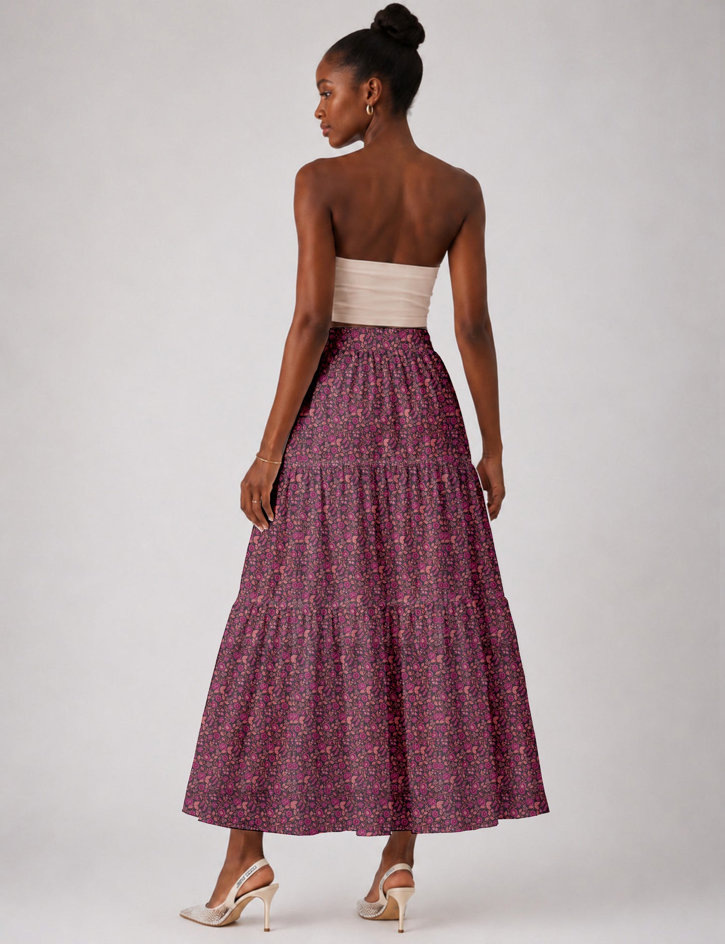 Midi Tiered Skirt - Pink Floral
