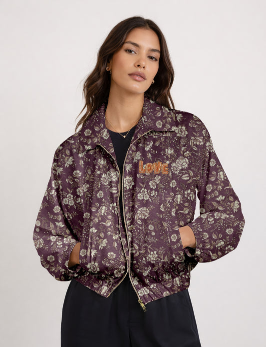 Love Bomber Jacket made from recycled fabric, featuring hand-stitched Aari embroidery. A unique piece of zero-waste clothing, part of the circular fashion movement. Designed with upcycled materials for a stylish yet environmentally friendly clothing choice.