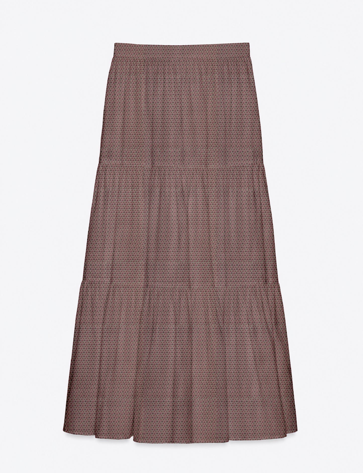 Woman wearing a yellow midi tiered skirt with a small geometric pattern, shown from the back, paired with beige top and