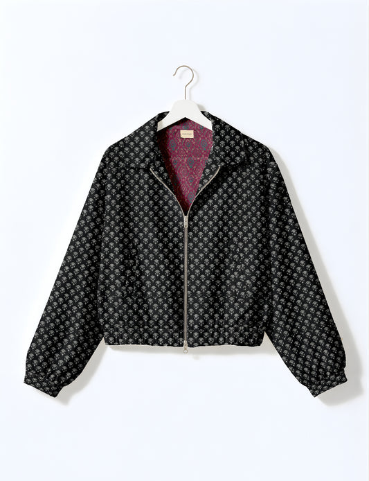 Yellow bomber jacket with micro geometric pattern, silver front zipper, elastic cuffs, and blue floral inner lining, hanging
