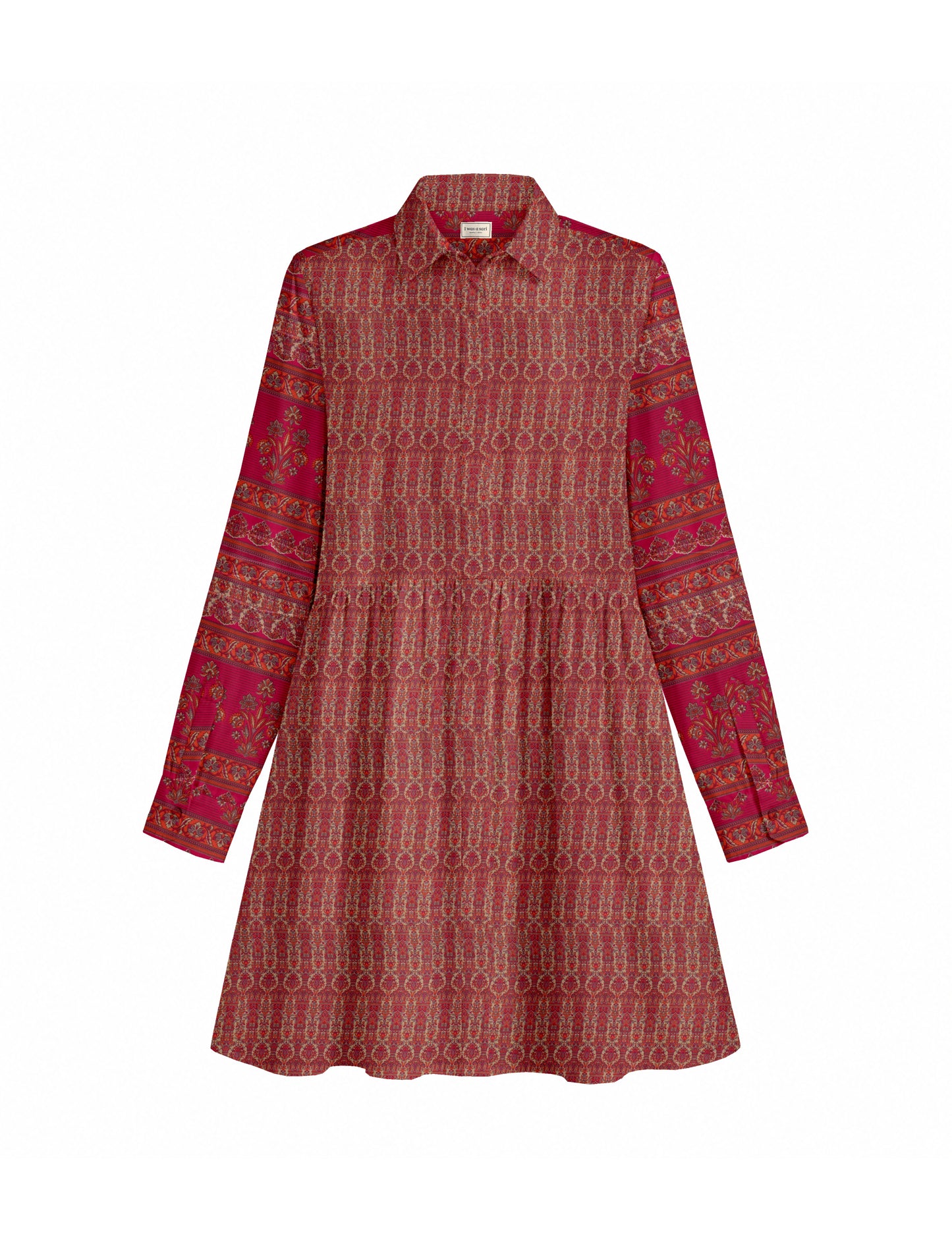 Short shirt dress with a relaxed A-line silhouette, point collar, partial button placket, gathered waist, side pockets, and full-length cuffed sleeves.