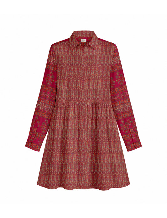 Short shirt dress with a relaxed A-line silhouette, point collar, partial button placket, gathered waist, side pockets, and full-length cuffed sleeves.