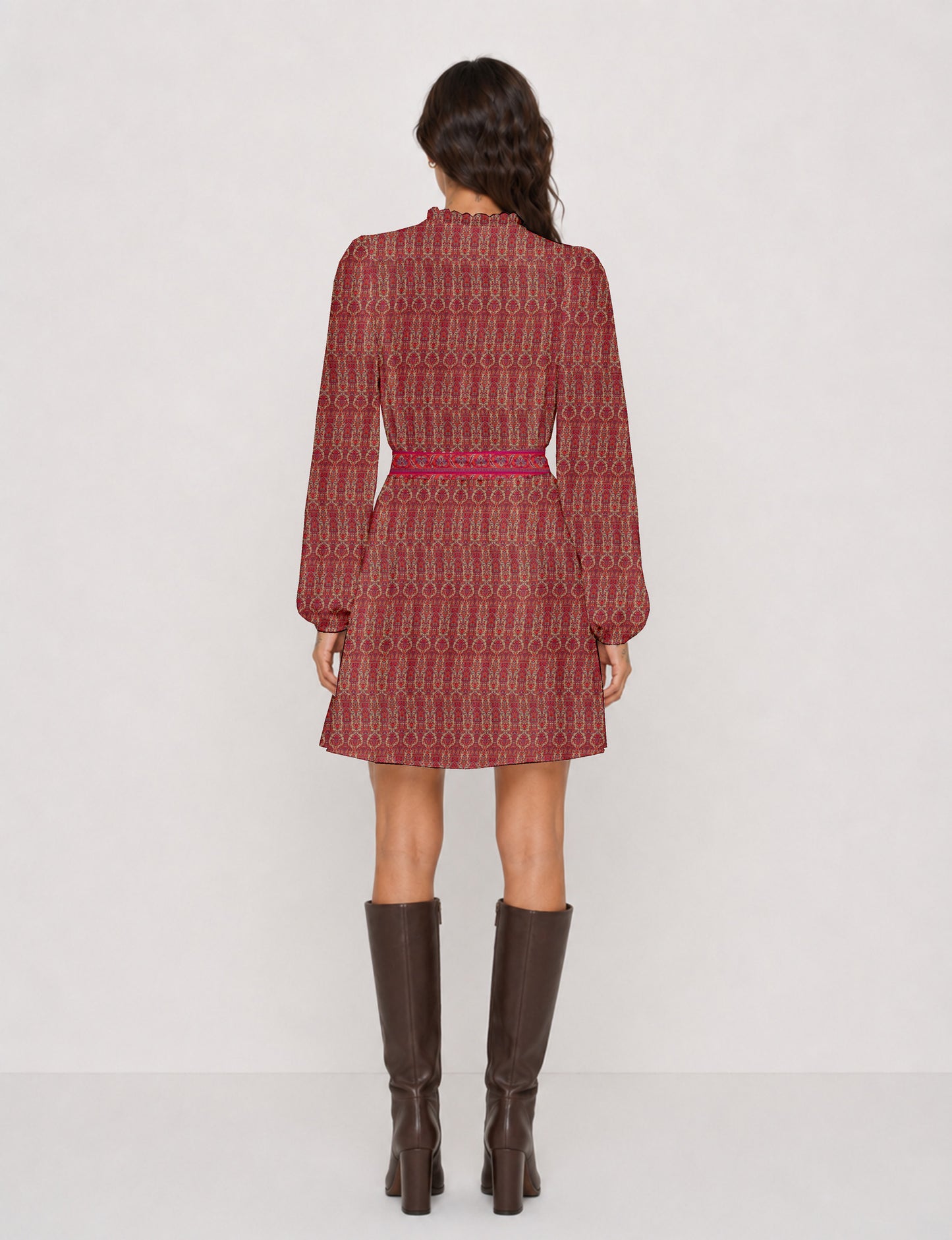 Swing dress with detachable tie belt, gathered ruffle neckline, full-length voluminous sleeves, elastic cuffs, and relaxed A-line silhouette in an above-knee length.