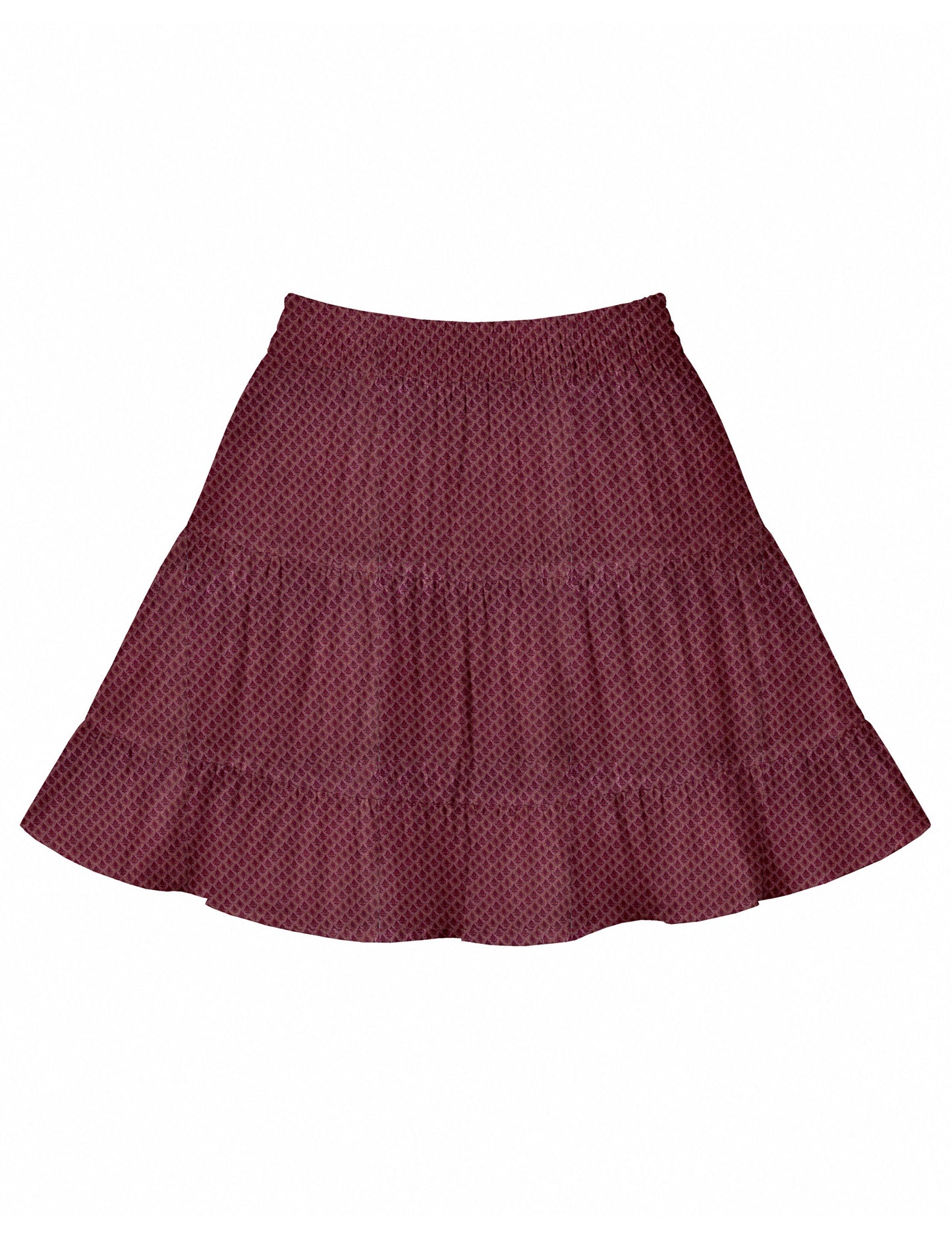 Short tiered skirt with a fitted waistband, knife pleats, softly flared silhouette, side seam pockets, and above-the-knee length.