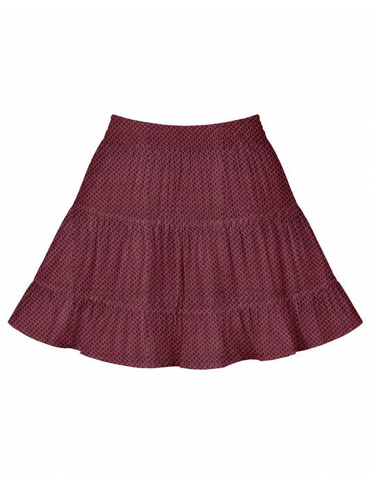 Short tiered skirt with a fitted waistband, knife pleats, softly flared silhouette, side seam pockets, and above-the-knee length.