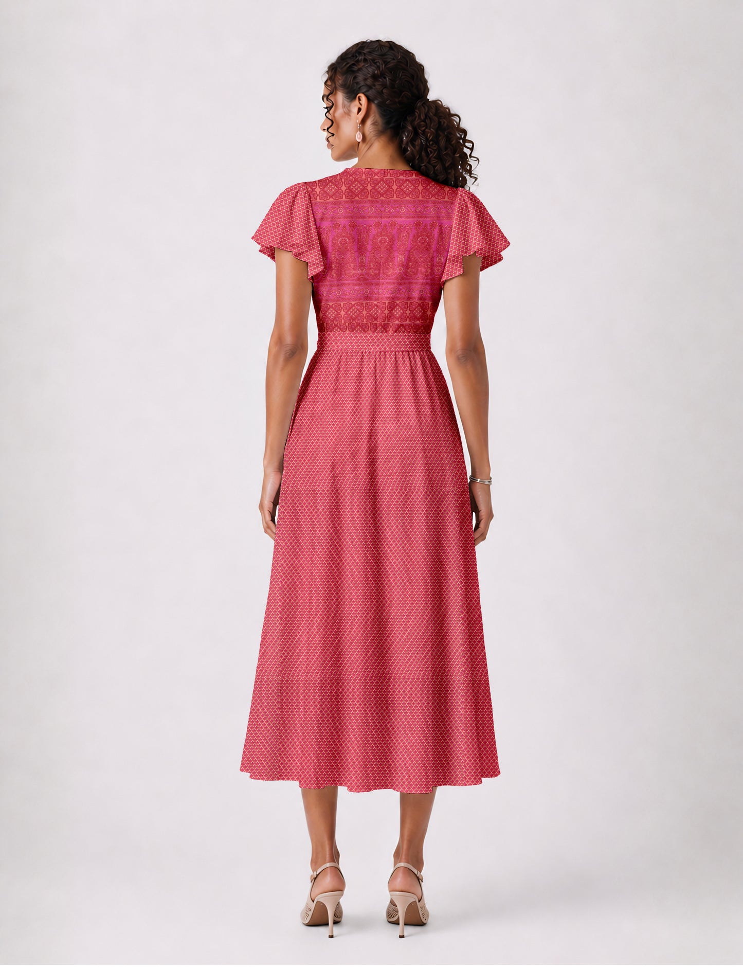 Midi wrap dress with V-neckline, fitted bodice, tie waist, and flared mid-calf skirt