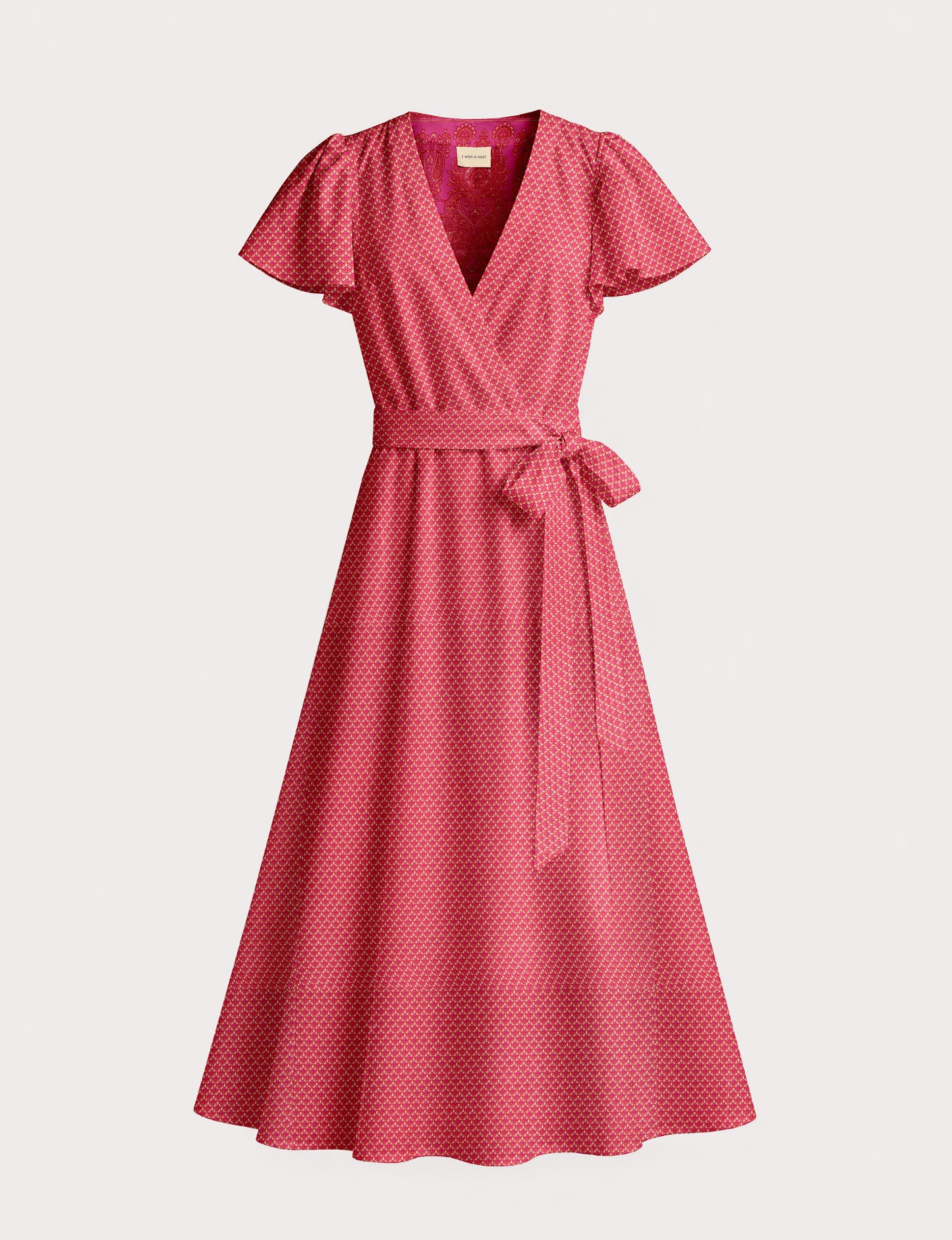 Midi wrap dress with V-neckline, fitted bodice, tie waist, and flared mid-calf skirt