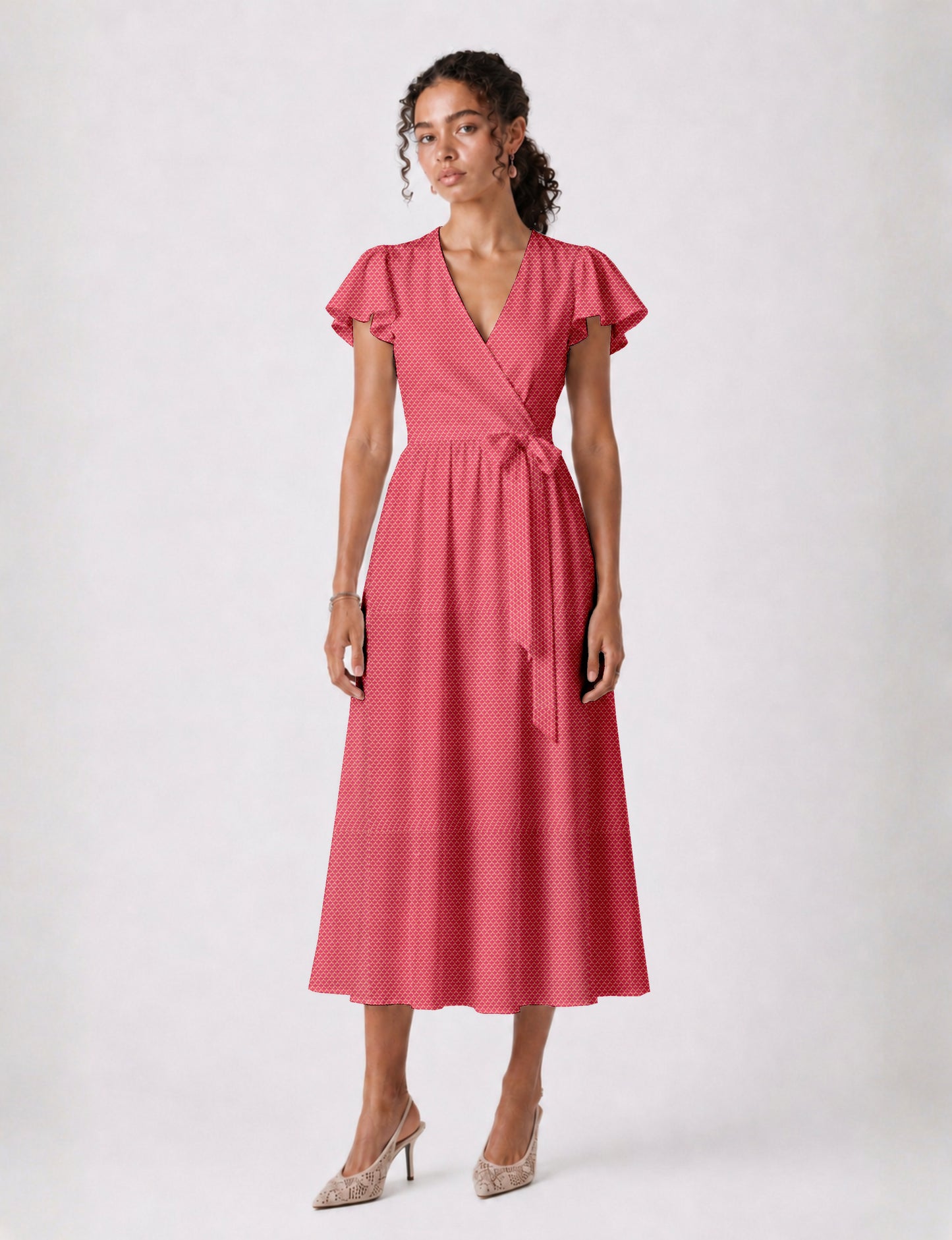 Midi wrap dress with V-neckline, fitted bodice, tie waist, and flared mid-calf skirt