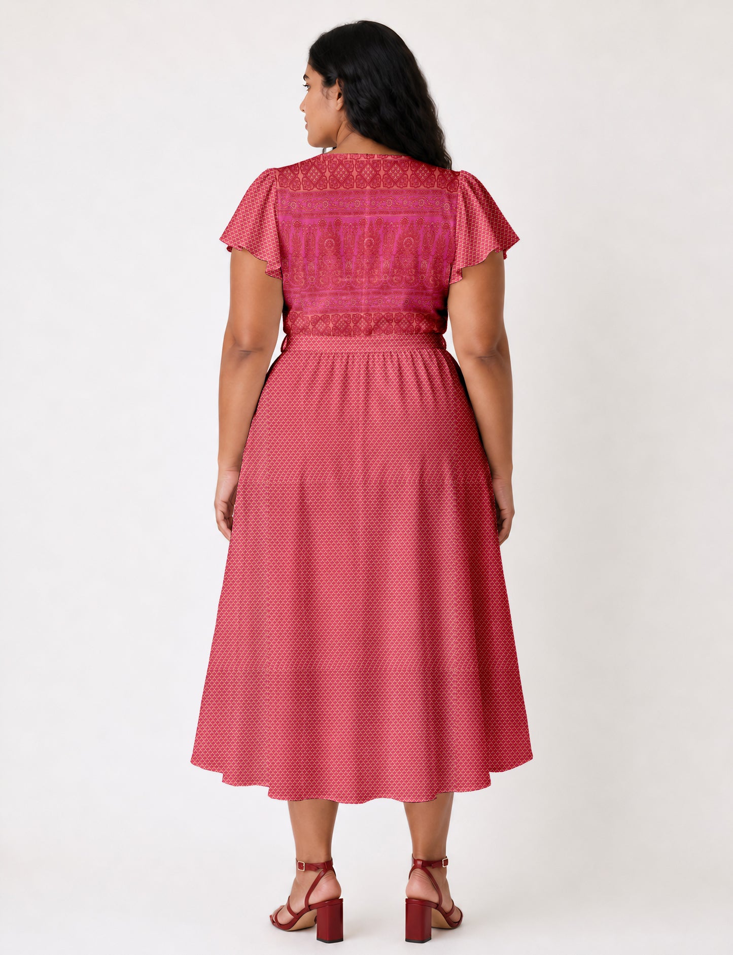 Midi wrap dress with V-neckline, fitted bodice, tie waist, and flared mid-calf skirt
