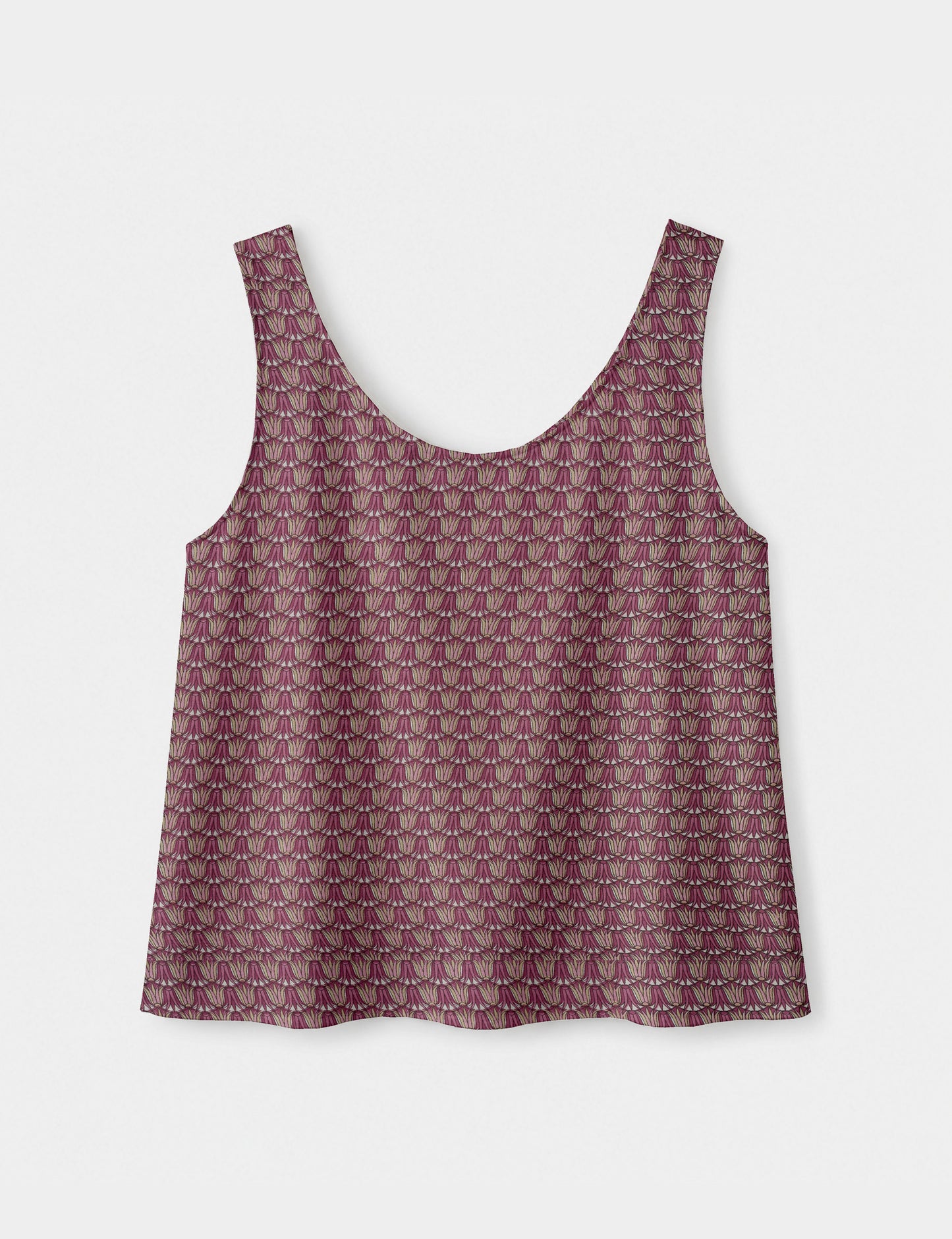 Women's sleeveless blouse with a relaxed straight fit, wide scoop neckline, deep scoop back, and hip-length silhouette.