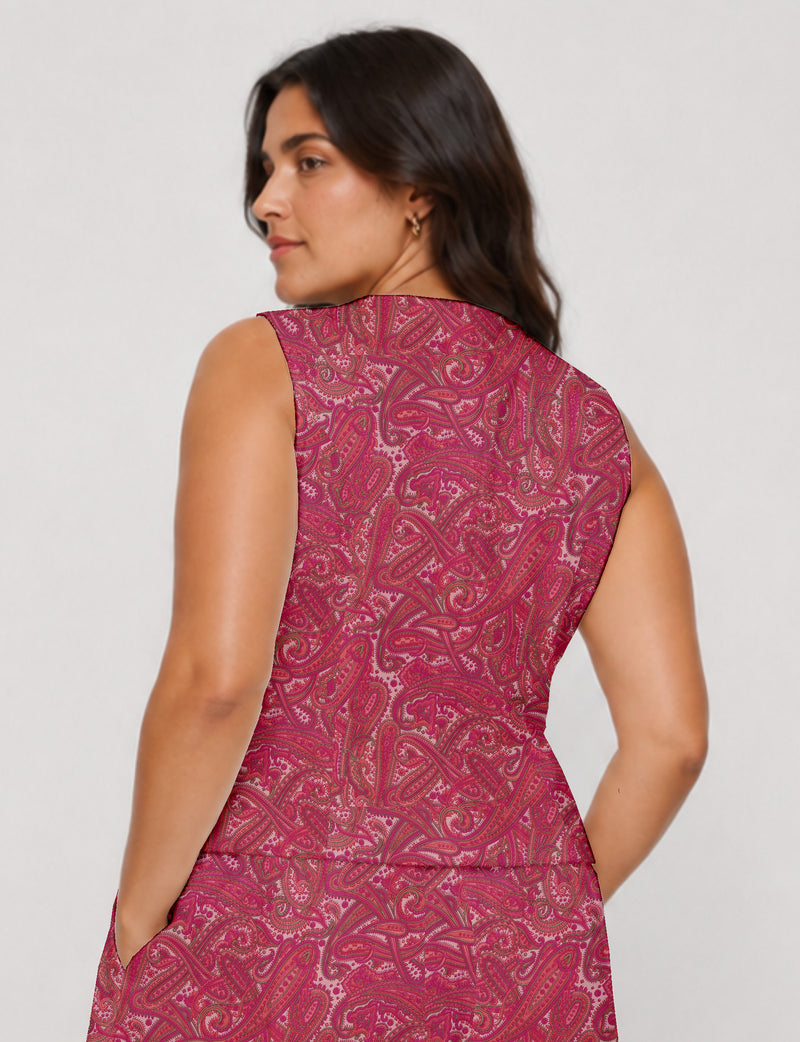 Women's fitted waistcoat with V-neck, single-breasted button closure, tailored silhouette, and pointed hem in sustainable fashion.