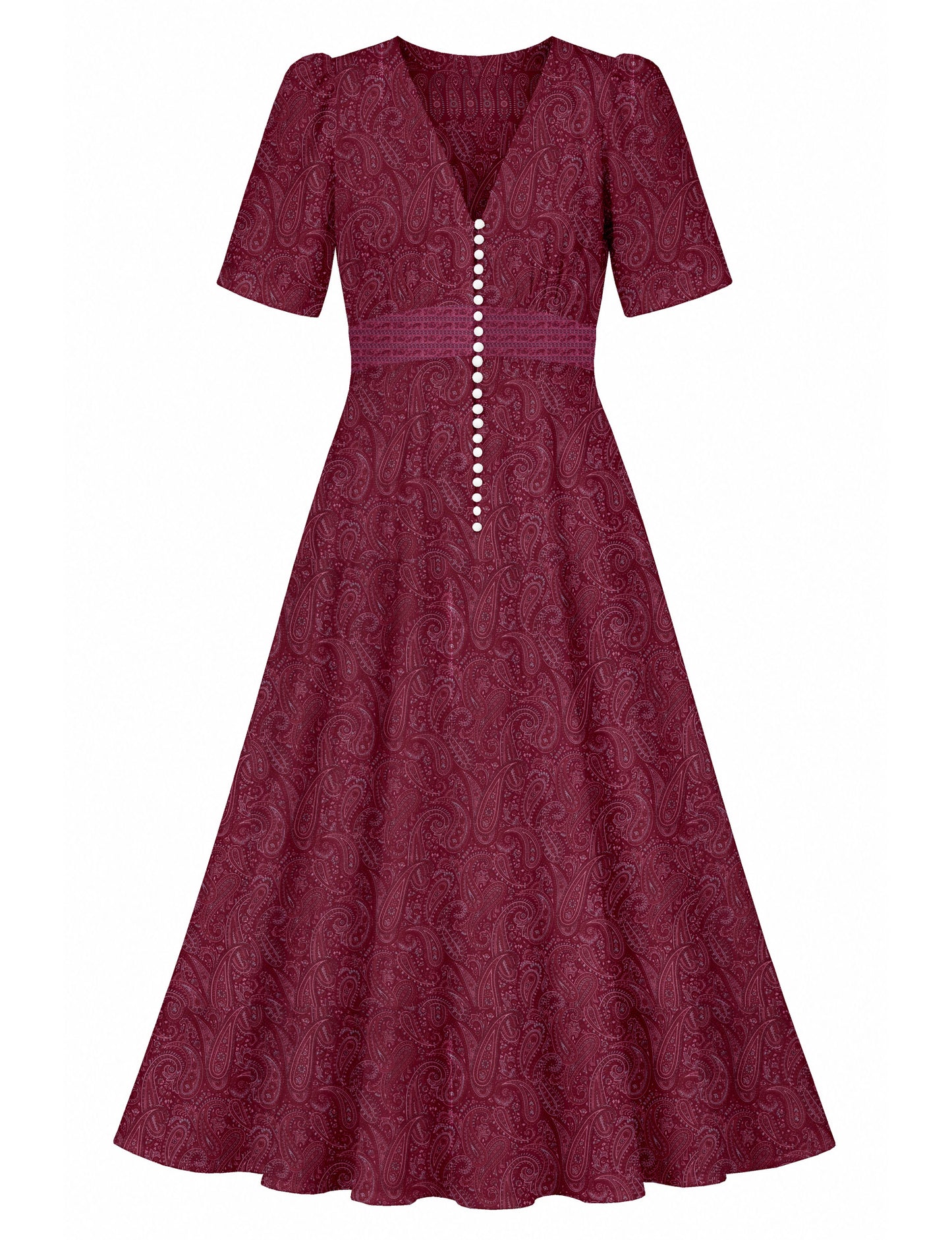 Maxi romantic dress with a fitted bodice, V-neckline, functional button placket, structured waist panel, short sleeves, and a softly flared ankle-length A-line skirt.