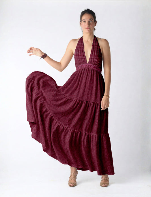 Maxi tiered dress by I was a Sari with halter neckline and flowy silhouette