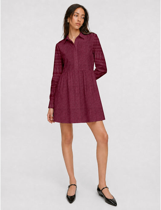 Short shirt dress with a relaxed A-line silhouette, point collar, partial button placket, gathered waist, side pockets, and full-length cuffed sleeves.