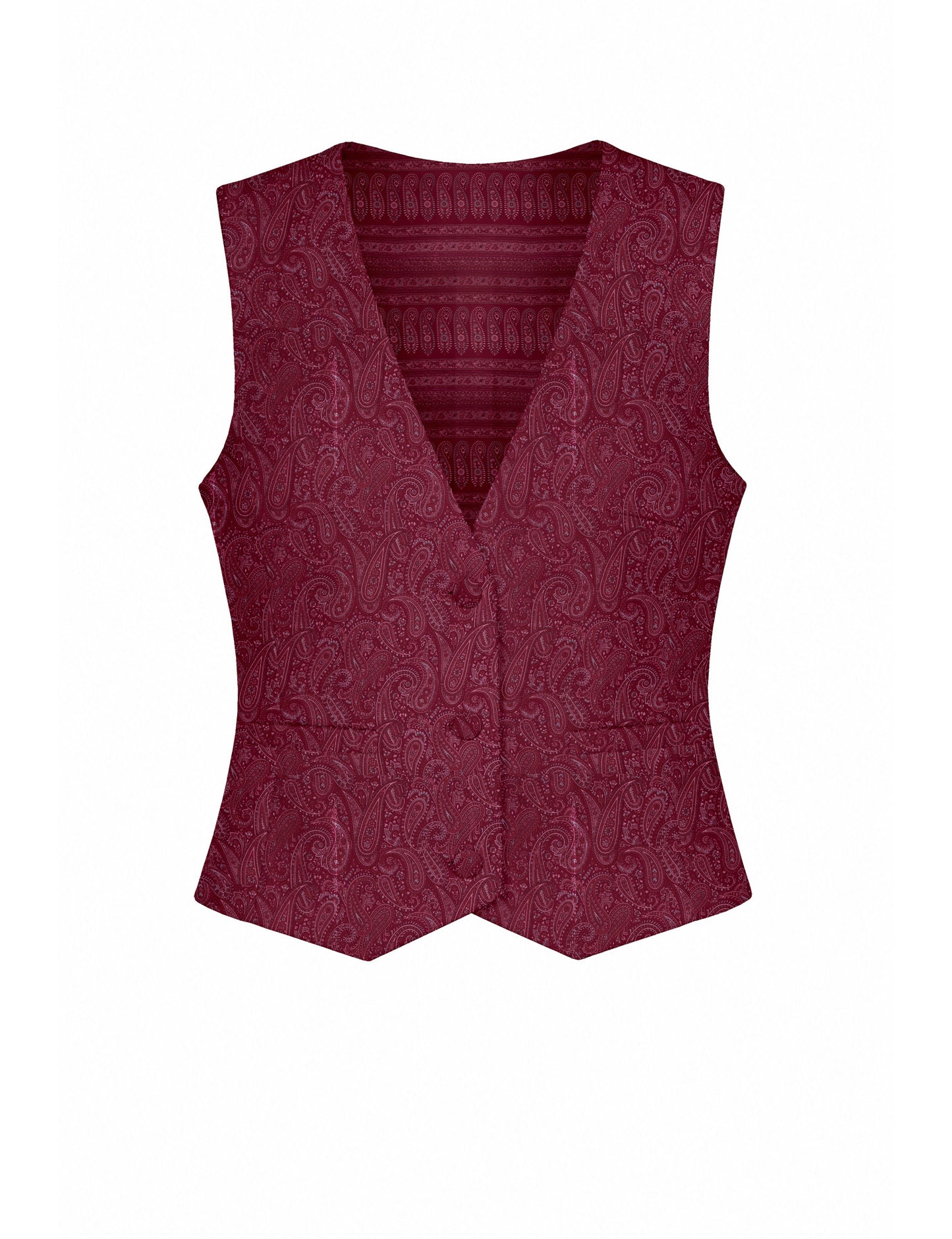 Women's fitted waistcoat with V-neck, single-breasted button closure, tailored silhouette, and pointed hem in sustainable fashion.