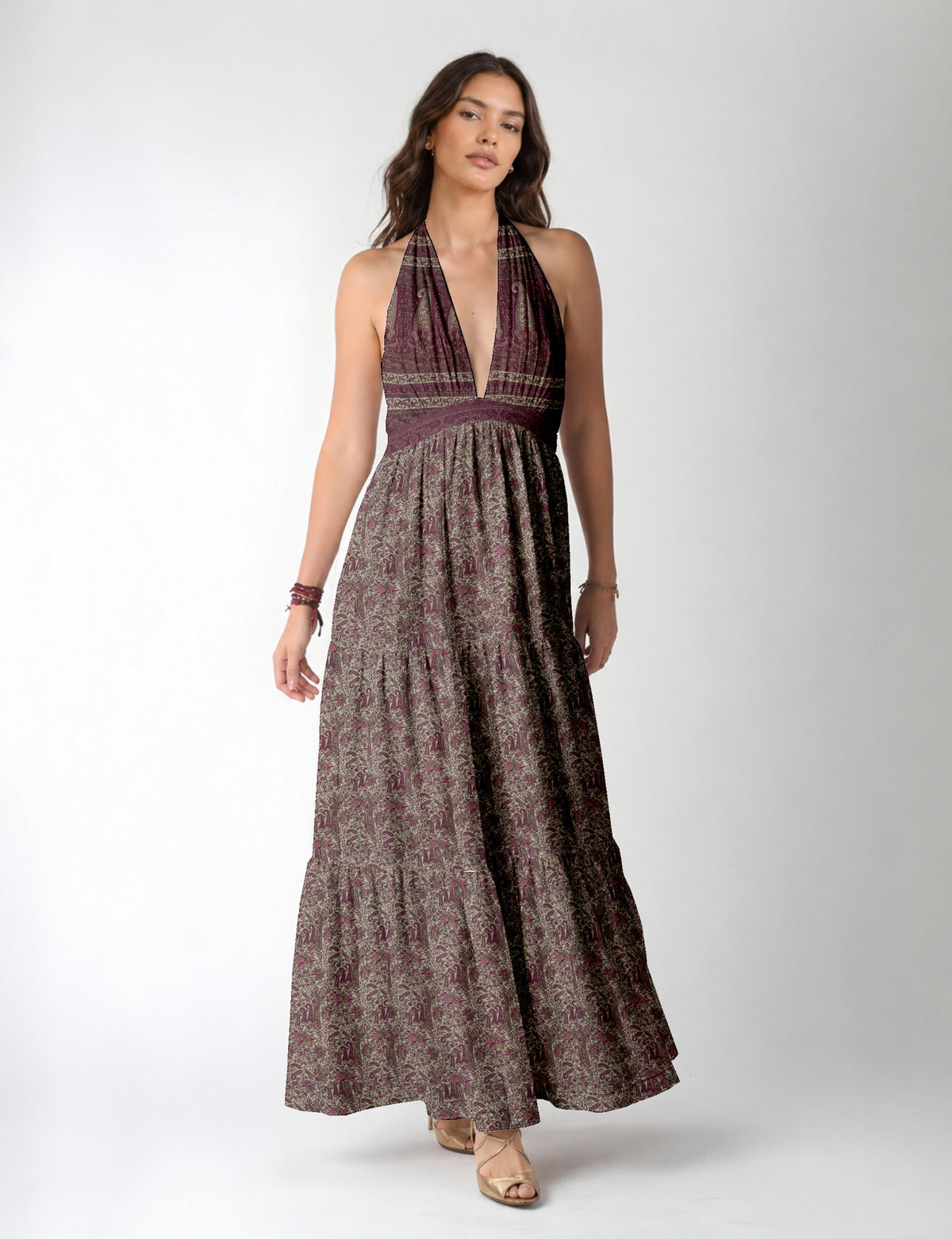 Maxi tiered dress by I was a Sari with halter neckline and flowy silhouette