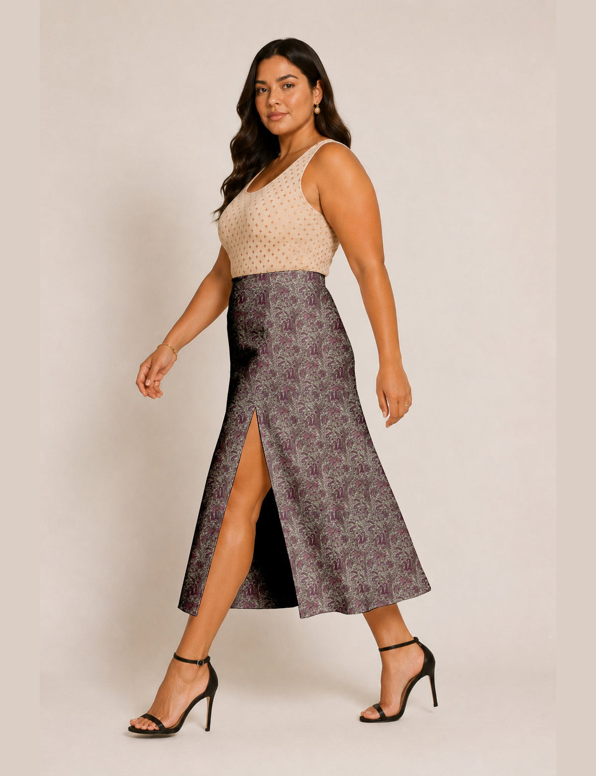 A line skirt with slit - Pink Paisley