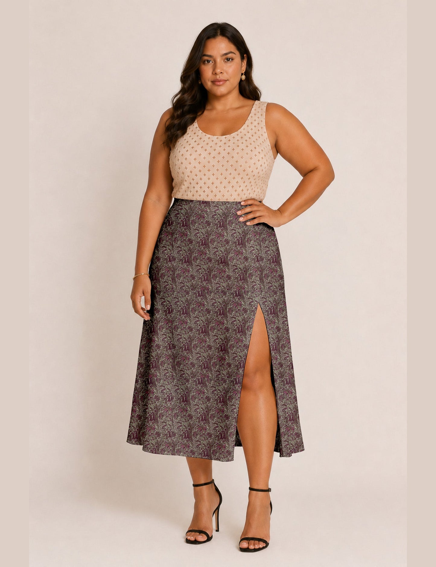 A line skirt with slit - Pink Paisley