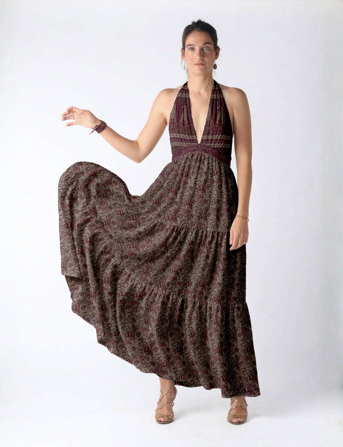 Maxi tiered dress by I was a Sari with halter neckline and flowy silhouette